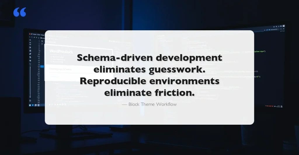Modern dark coding workspace with WordPress block theme development tools including theme.json, wp-env, and code editor