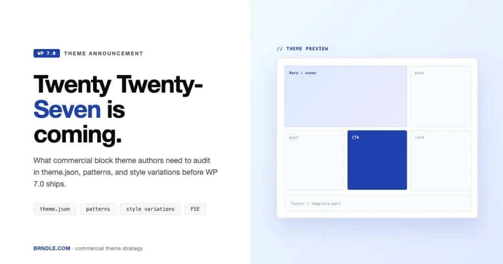 Twenty Twenty-Seven block theme announcement preview for commercial theme authors