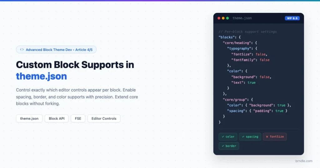 theme.json code showing custom block supports configuration with color, spacing, typography, and border controls per block