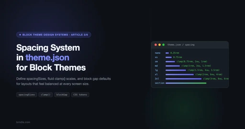 Spacing system in theme.json for WordPress block themes - spacingSizes, clamp() fluid spacing, and blockGap